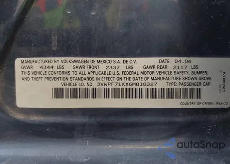 2006 Volkswagen Jetta Value Edition z USA, uszkodzony, nr VIN 3VWPF71KX6M818327